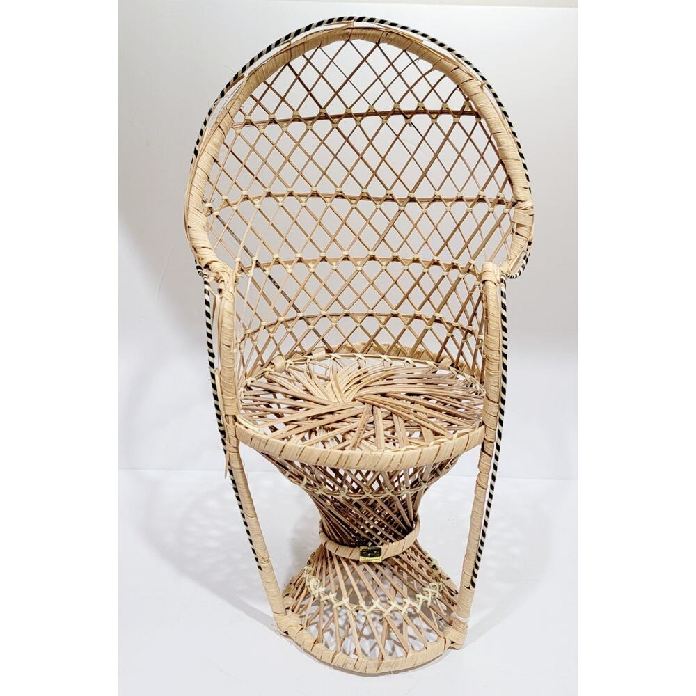 1970's Wicker Peacock Fan Back Rattan Doll Chair 16" Plant Stand Moroccan Hippie